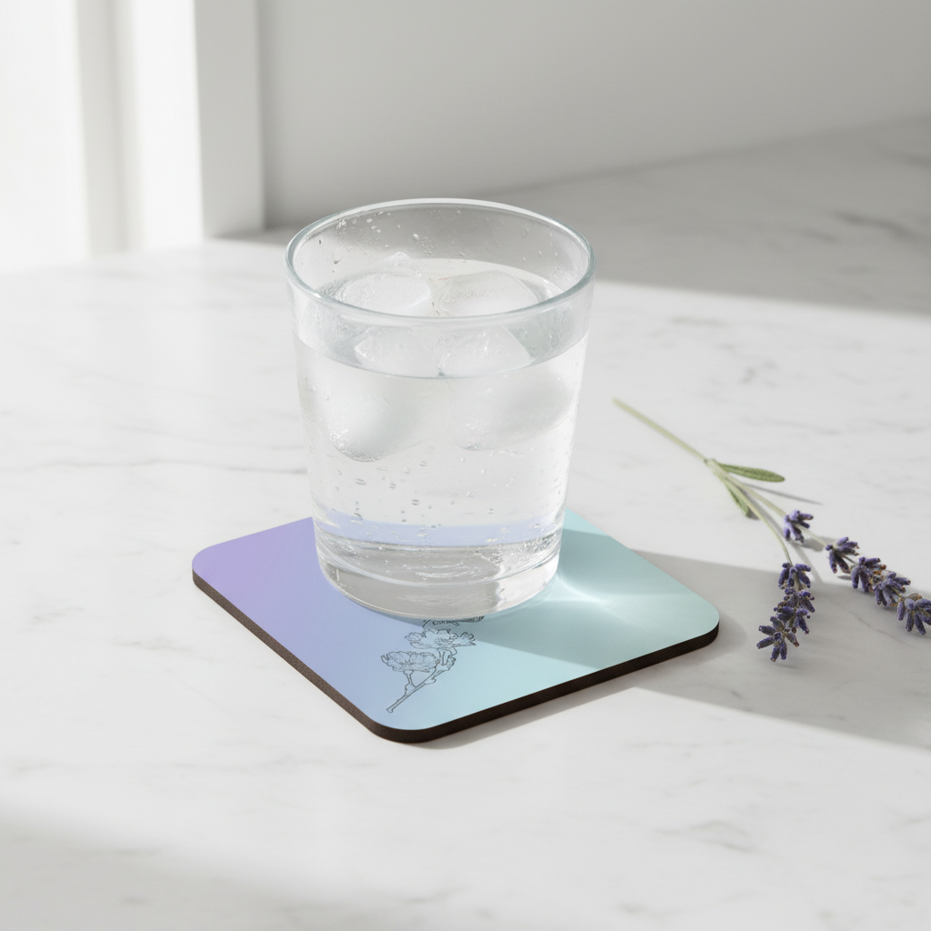 A square coaster with a pastel gradient from purple to light blue, featuring a delicate line art illustration of a seashell, shown under a clear glass of water on a white marble surface.