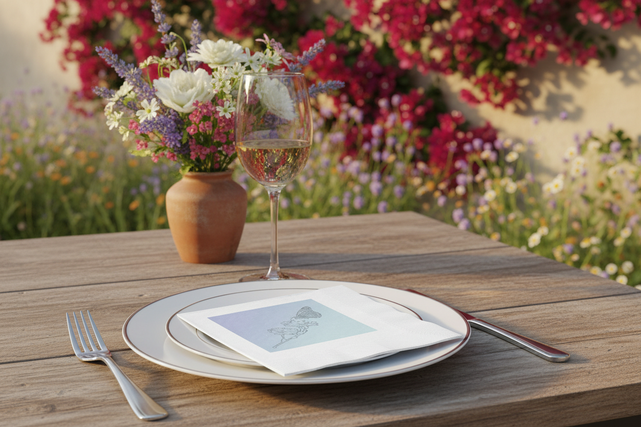 A styled outdoor table setting with a wooden plate, silver fork and knife, a folded napkin, and a wine glass, with a terracotta vase of flowers and a blurred garden background.
