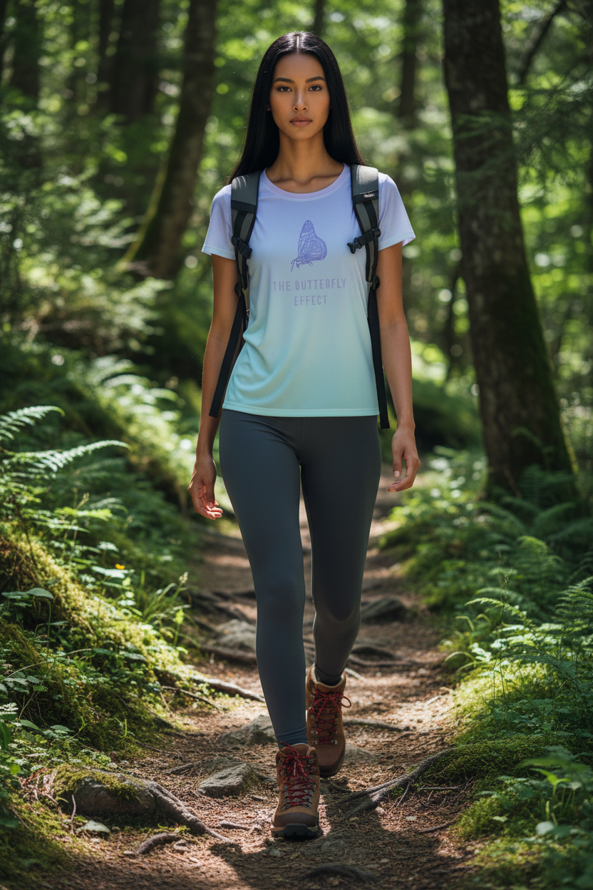 A woman hiking on a forest path wearing a light blue gradient graphic t-shirt, dark gray leggings, and brown hiking boots.