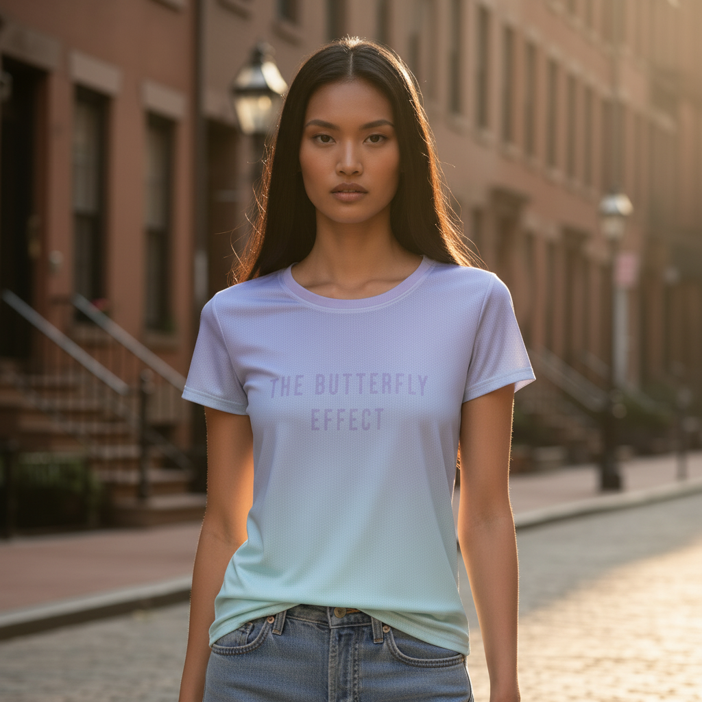 A woman stands on a city street wearing a light lavender-to-mint gradient short-sleeve t-shirt with the text 'THE BUTTERFLY EFFECT' printed in a matching pale purple on the chest, paired with blue jeans.