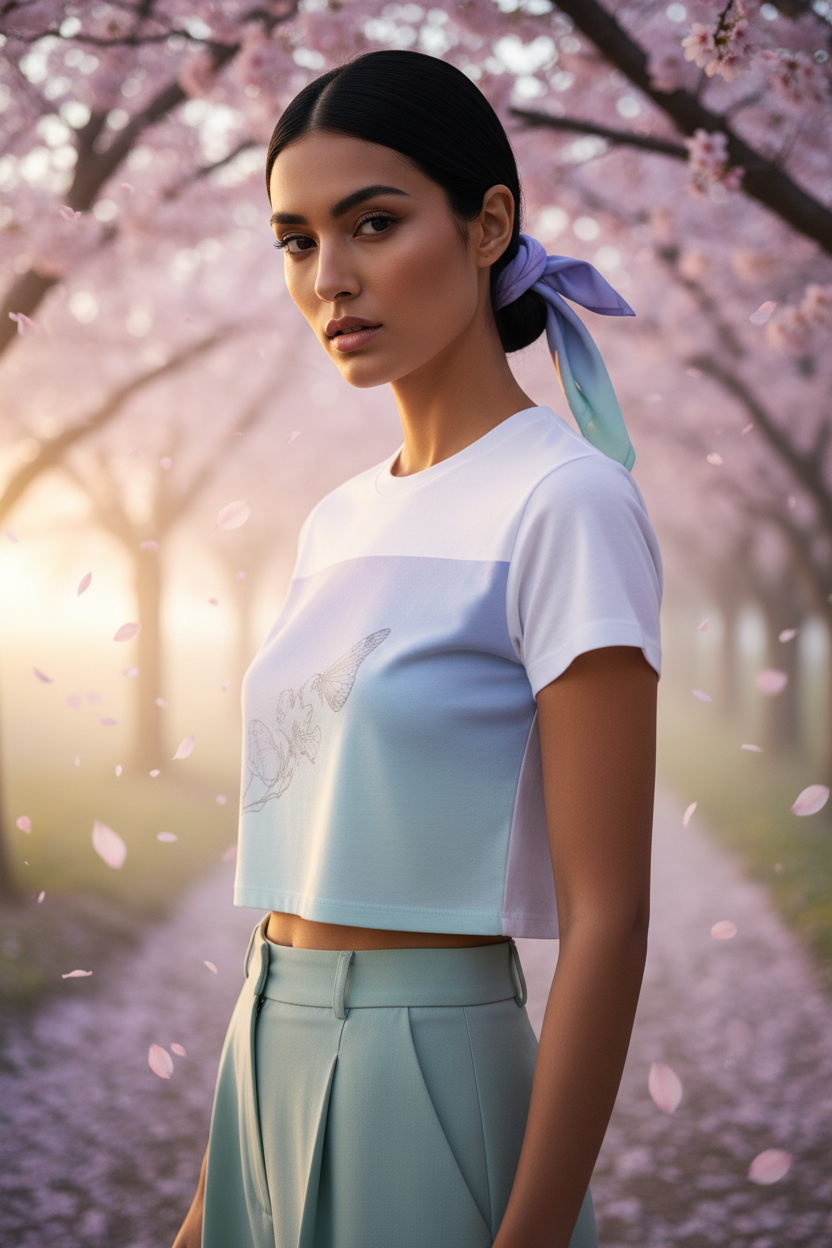 A model stands outdoors on a path lined with blooming cherry blossom trees, wearing a cropped short-sleeve top with a white upper section and a pale blue lower section, paired with light blue high-waisted pants. A pastel blue and green hair tie is visible in her dark hair.