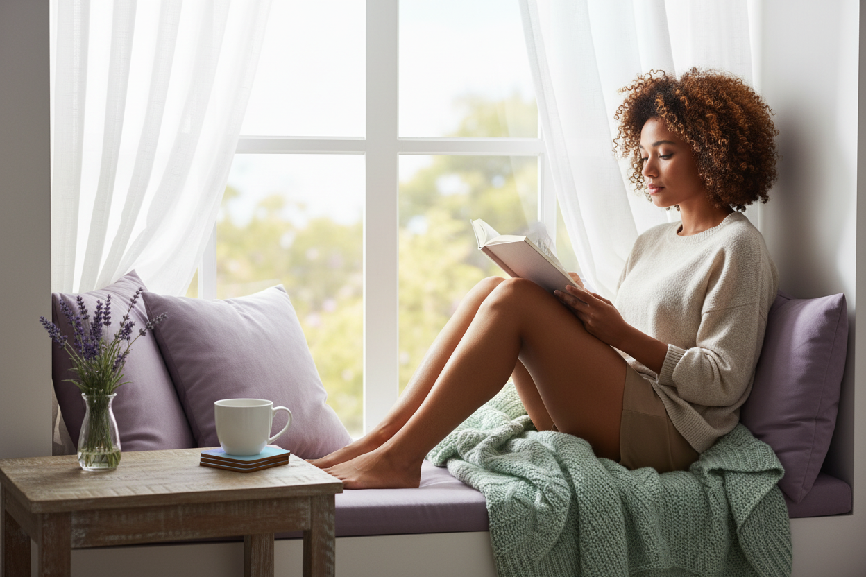A woman with curly hair sits on a purple cushioned window seat, reading a book wrapped in a green knit blanket. She is wearing a beige sweater and shorts.