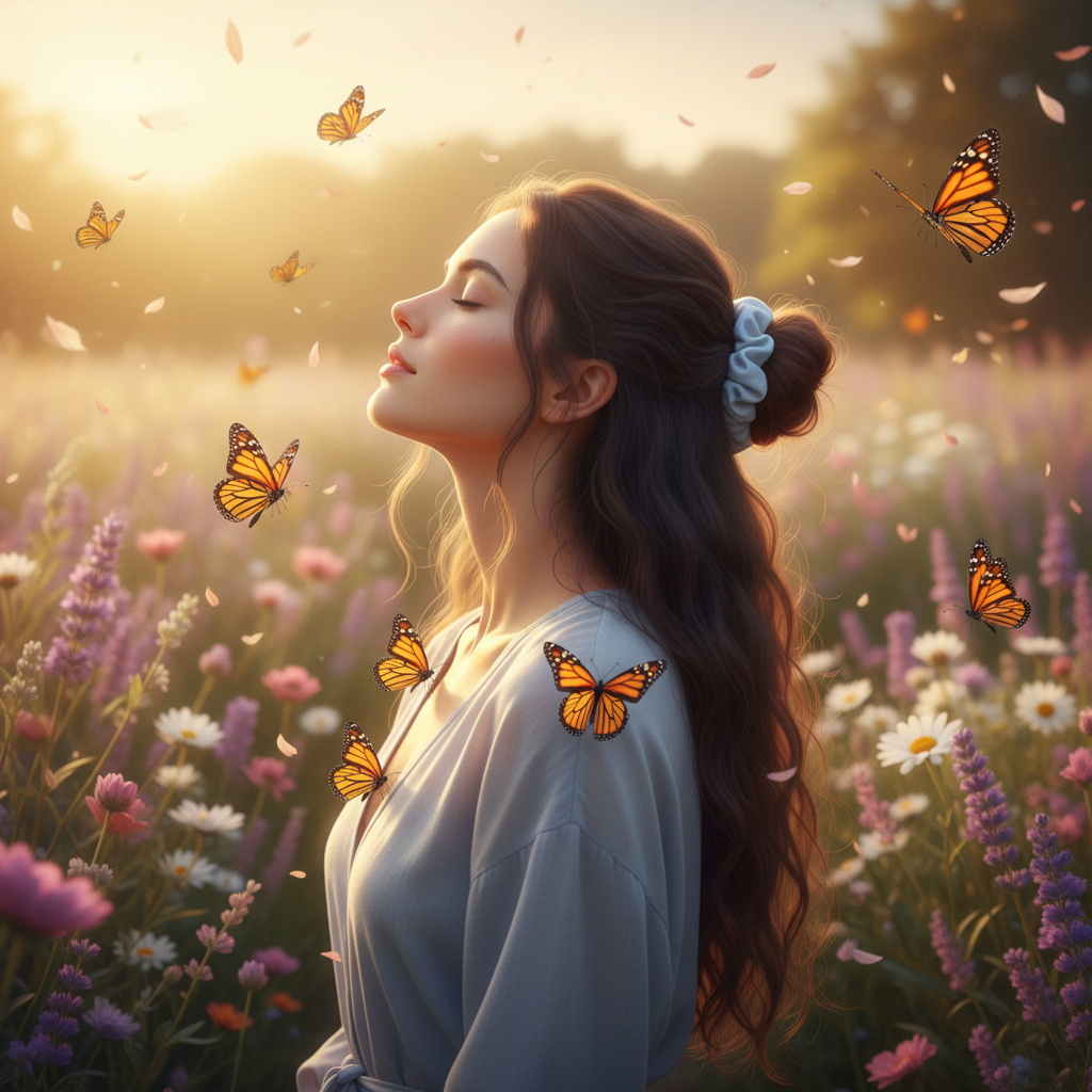 A woman with long dark wavy hair tied back with a light blue scrunchie stands in a sunlit flower field with butterflies around her. She is wearing a light blue-gray top, and the background is filled with purple, white, and pink wildflowers under warm golden sunlight.