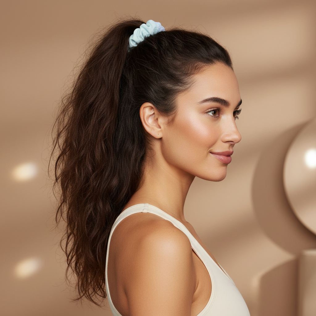A woman with long, dark brown wavy hair tied up in a high ponytail with a light blue scrunchie, shown in profile against a warm beige background.