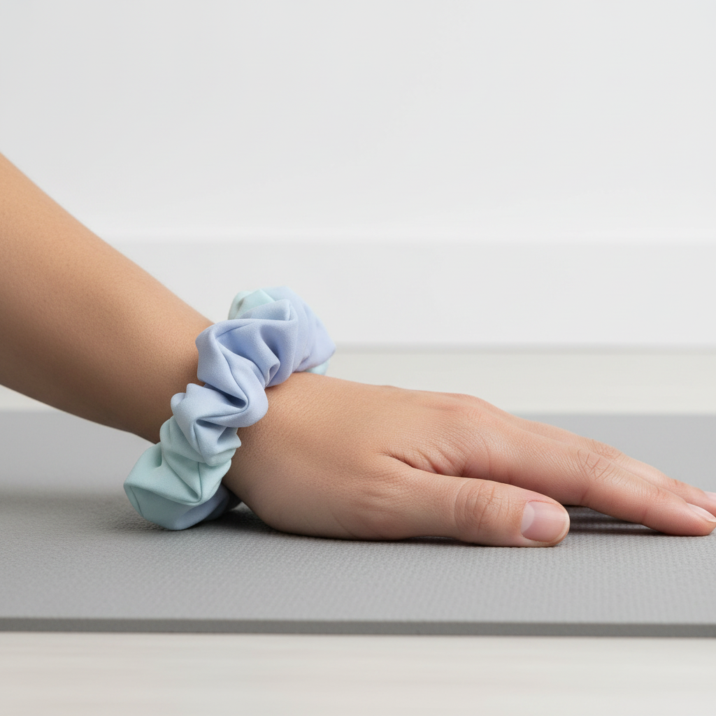 A light blue fabric scrunchie worn on a person's wrist, shown resting on a gray textured surface against a clean white background.