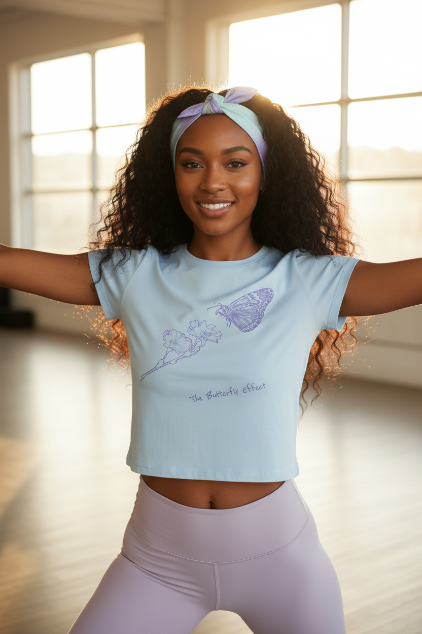 A model with curly hair wearing a light blue crop top with a purple butterfly graphic and matching lavender leggings, posing in a bright room with large windows.