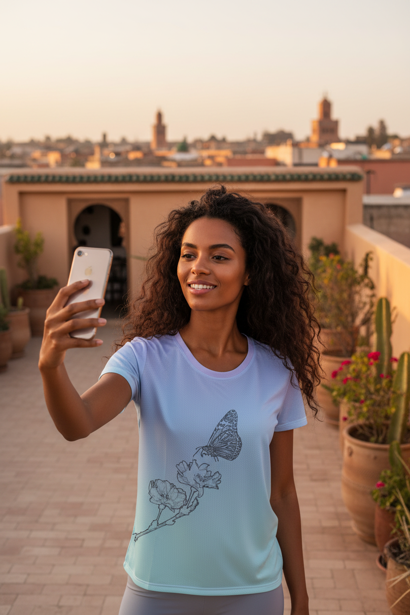 A woman with curly dark hair takes a selfie on a rooftop terrace at sunset, wearing a light blue athletic t-shirt with a black line art butterfly and floral graphic.