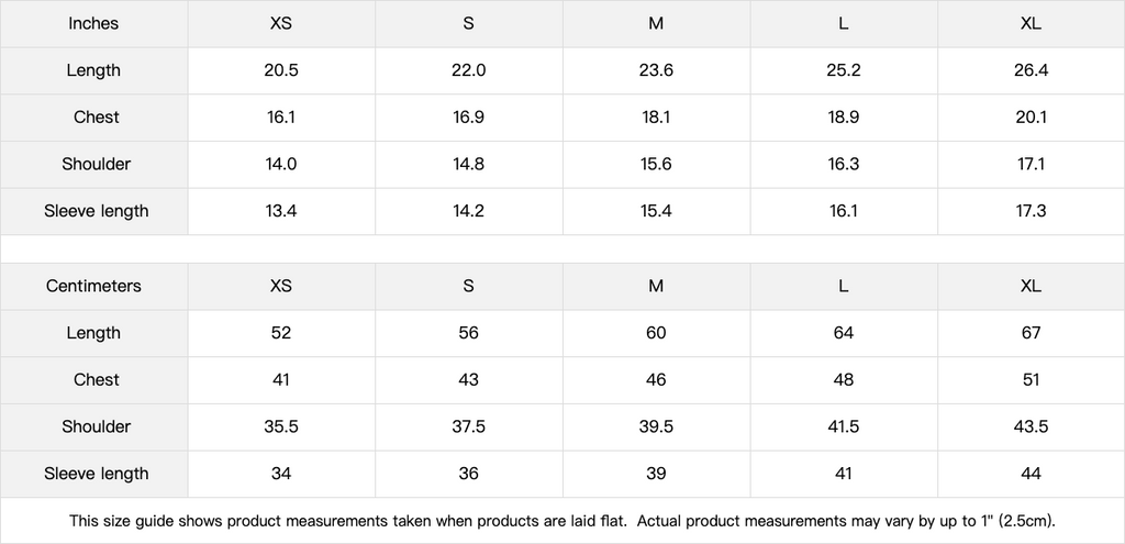 Size chart for clothing measurements in both inches and centimeters across XS, S, M, L, and XL sizes.