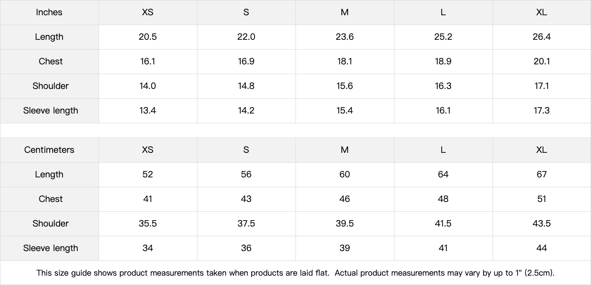Size chart for clothing measurements in both inches and centimeters across XS, S, M, L, and XL sizes.
