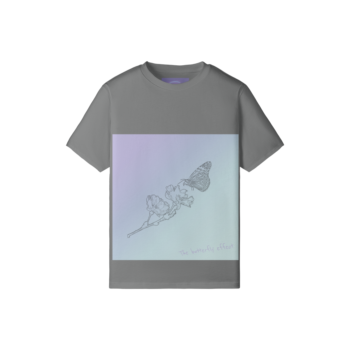 A gray short-sleeve t-shirt with a square graphic print on the front. The print features a line drawing of a butterfly on a flower over a pastel gradient background of purple, blue, and green, with the text 'the butterfly offers' written at the bottom.