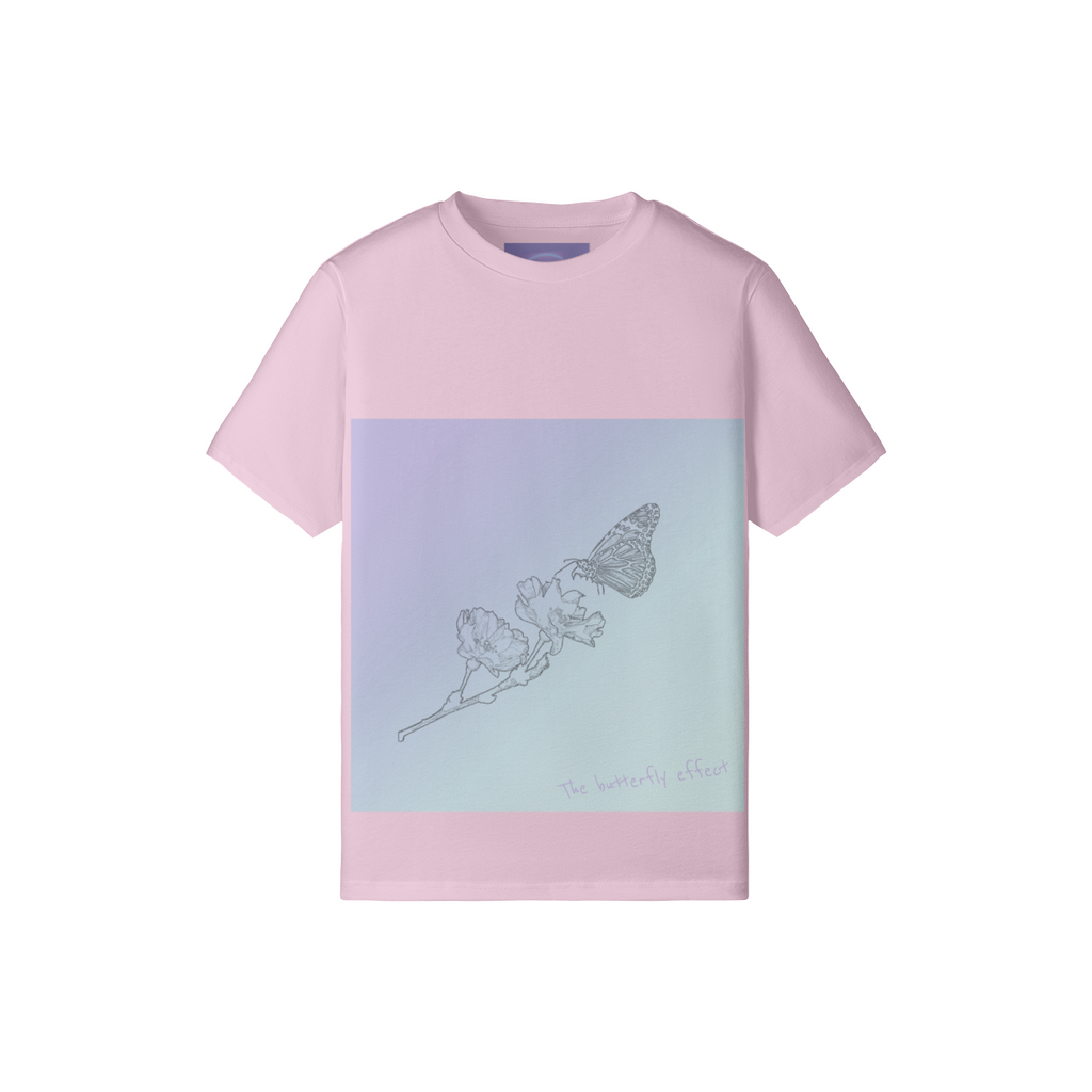 A light pink short-sleeve t-shirt with a large square graphic on the front. The graphic features a pastel gradient transitioning from lavender to light blue, with a delicate line drawing of a butterfly on a flower and the text 'the butterfly effect' in a small script font.