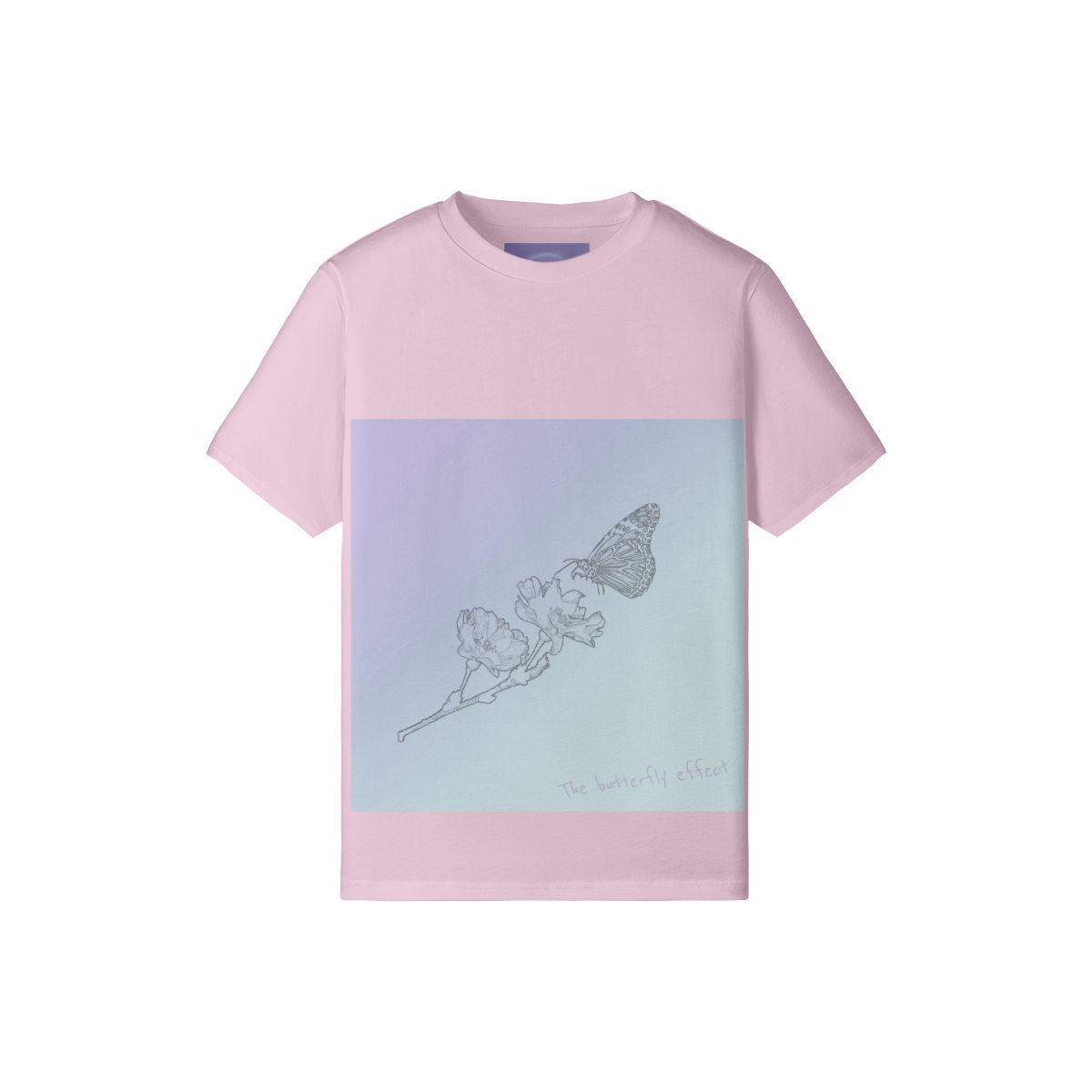 A light pink short-sleeve t-shirt with a large square graphic on the front. The graphic features a pastel gradient transitioning from lavender to light blue, with a delicate line drawing of a butterfly on a flower and the text 'the butterfly effect' in a small script font.