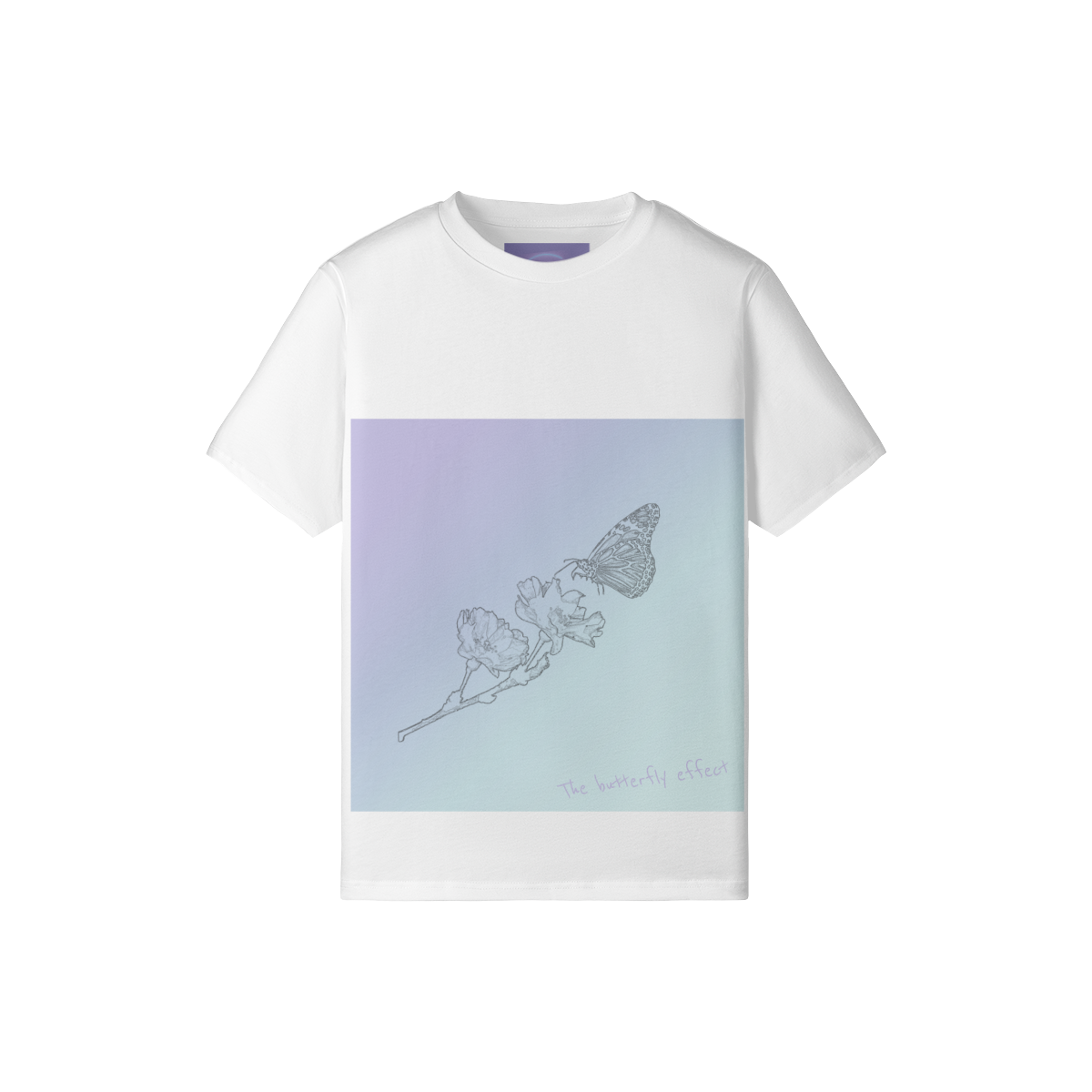 A white short-sleeve crewneck t-shirt featuring a large square graphic print on the front. The print displays a delicate line drawing of a butterfly perched on a flower, set against a soft pastel gradient background transitioning from lavender-purple to light blue.