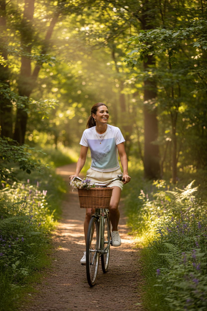 A woman riding a bicycle on a sunlit forest path, wearing a white, light blue, and pale green color-blocked T-shirt with a beige skirt. The bicycle has a brown wicker basket filled with flowers.