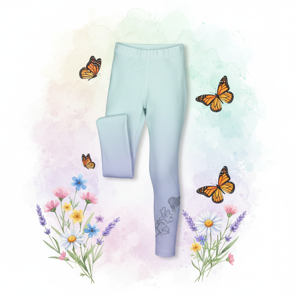 A pair of children's leggings in a soft pastel gradient from mint green at the top to light purple at the bottom, shown on a white background with watercolor floral arrangements and butterflies.