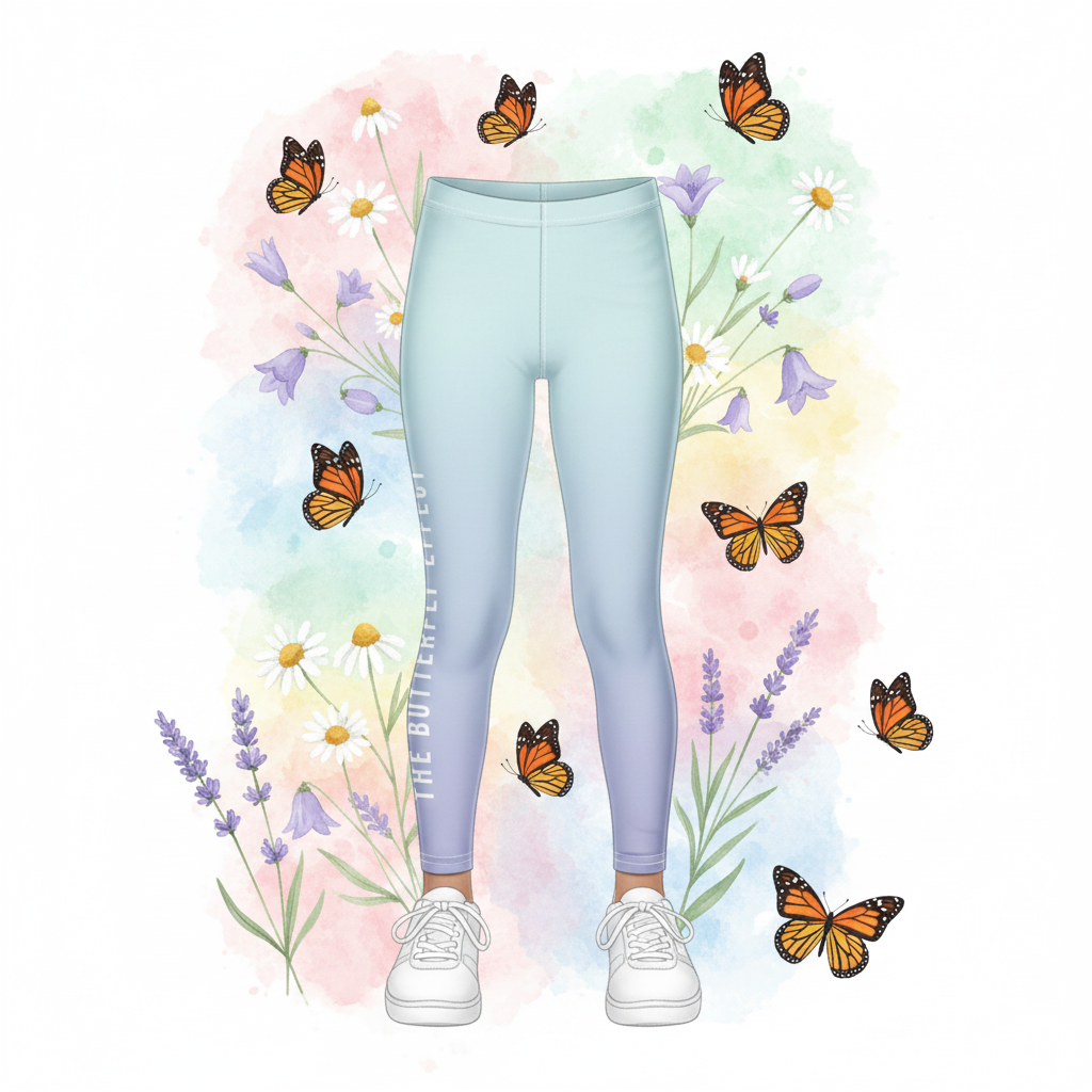 A pair of light blue leggings with a subtle lavender gradient at the lower legs, featuring vertical white text that reads 'ALL BUILT FOR HER' on the left leg. The leggings are shown on a white background with a watercolor wash of pastel colors, surrounded by illustrated butterflies, daisies, and lavender.
