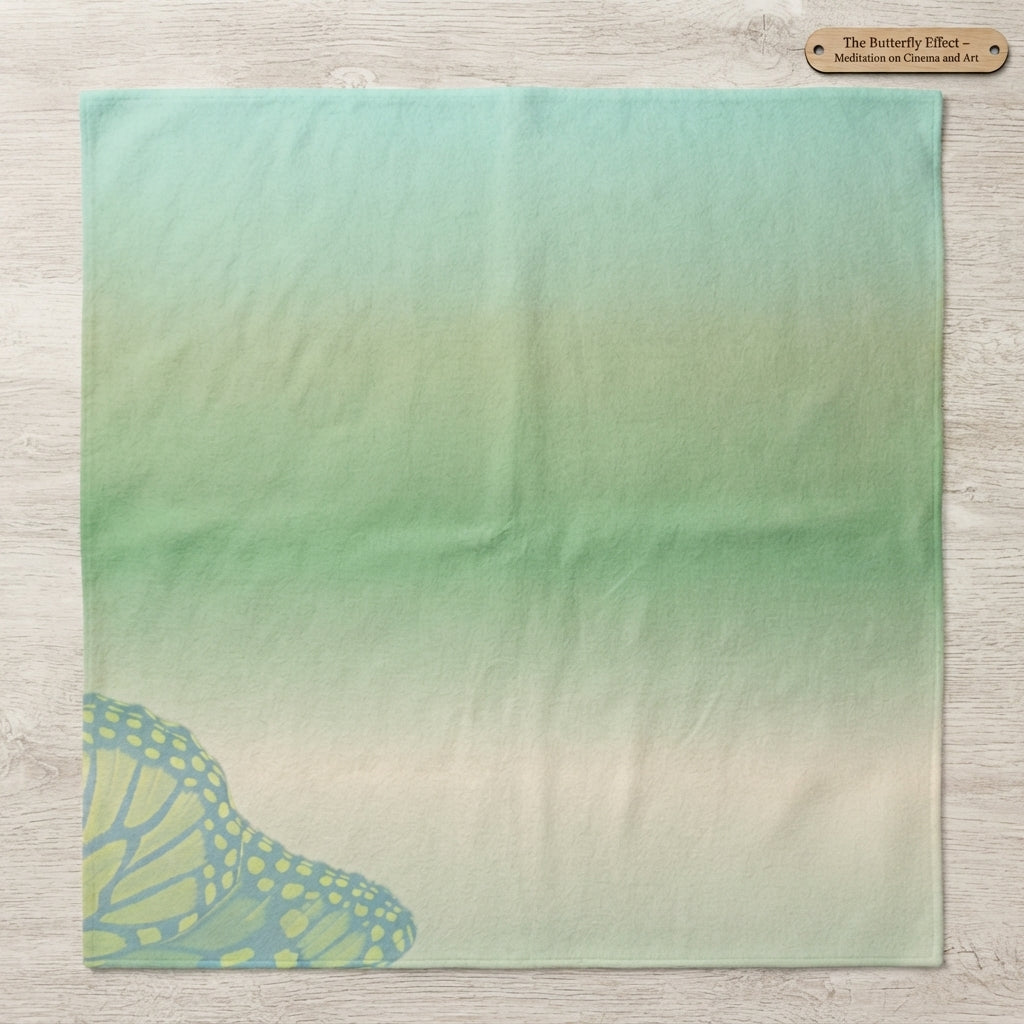 A square fabric scarf with a vertical gradient transitioning from mint green at the top to a warm cream/beige at the bottom, featuring a printed butterfly wing design in the lower-left corner. The item is laid flat on a light wood background with a small wooden brand tag in the top right corner.