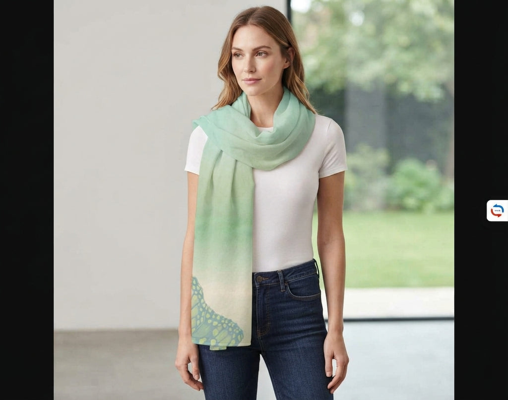 A woman wearing a white t-shirt and dark blue jeans models a light green and white gradient scarf with a blue patterned border, standing in front of a blurred window background.