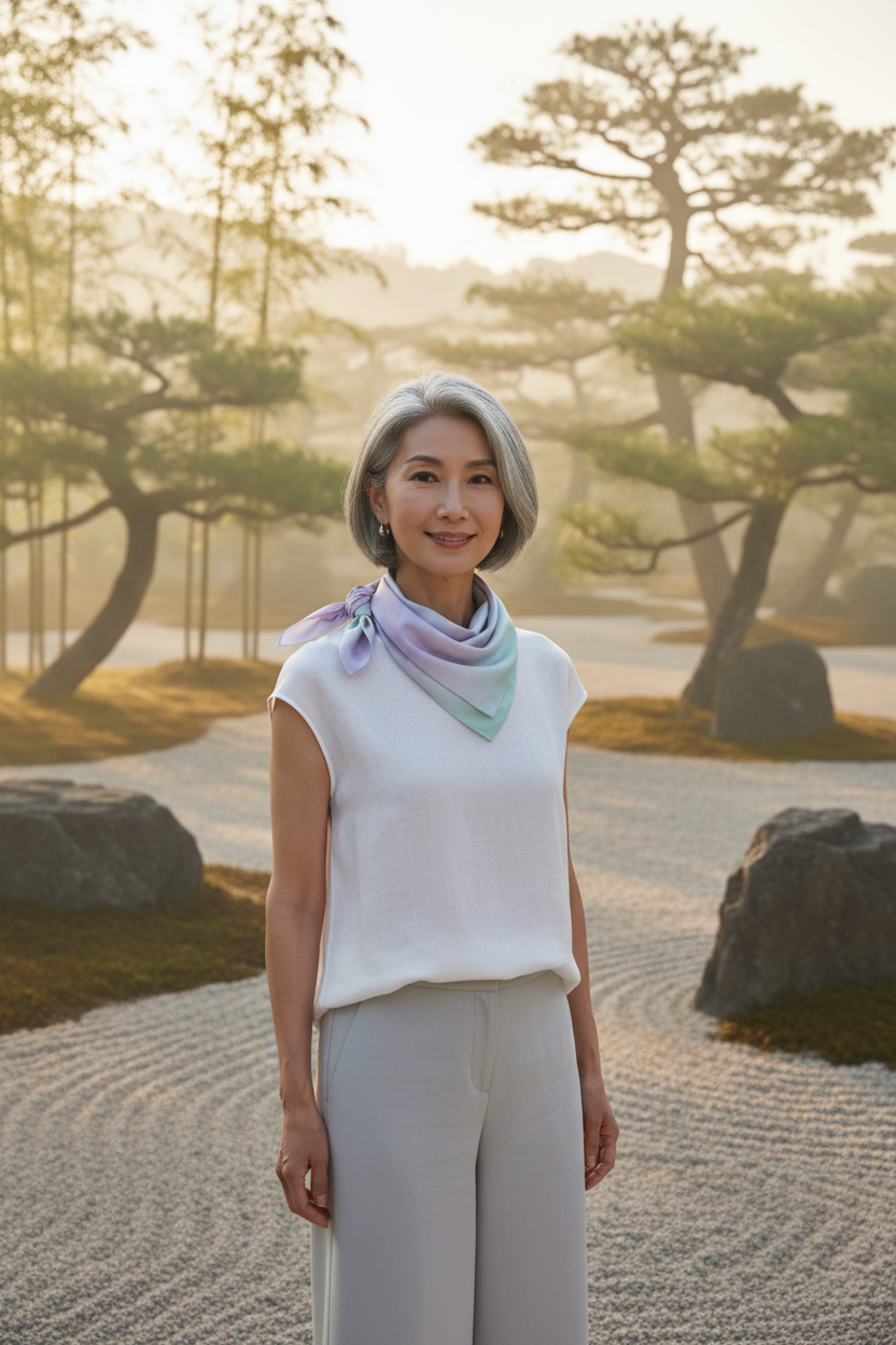 A model with short gray hair stands in a serene Japanese garden wearing a sleeveless white top, light gray pants, and a pastel multicolor scarf. The background features raked white gravel, large rocks, and soft-focus trees with warm golden sunlight filtering through the mist.