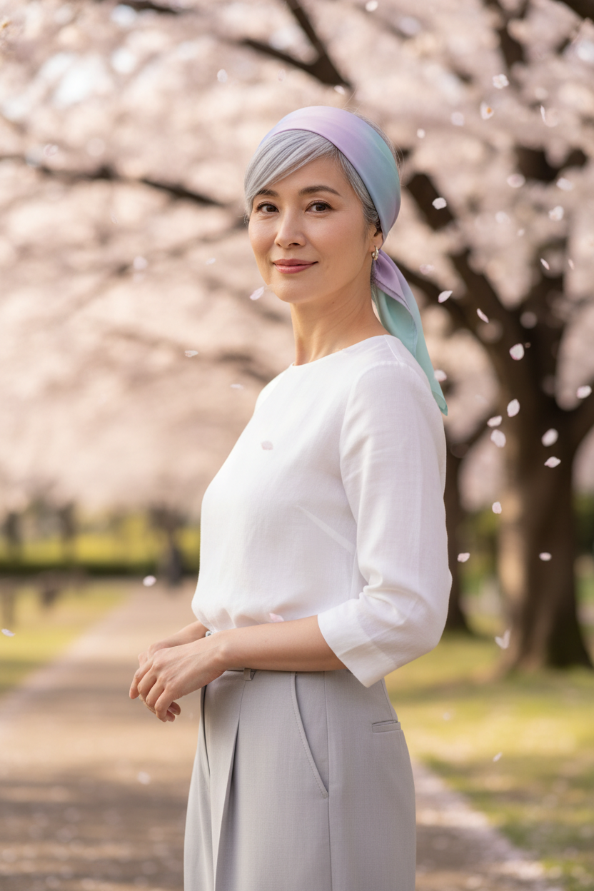 A woman wearing a white long-sleeve top and light gray skirt stands outdoors in a park with cherry blossom trees and falling petals. She is wearing a pastel gradient headscarf in lavender, blue, and mint green.